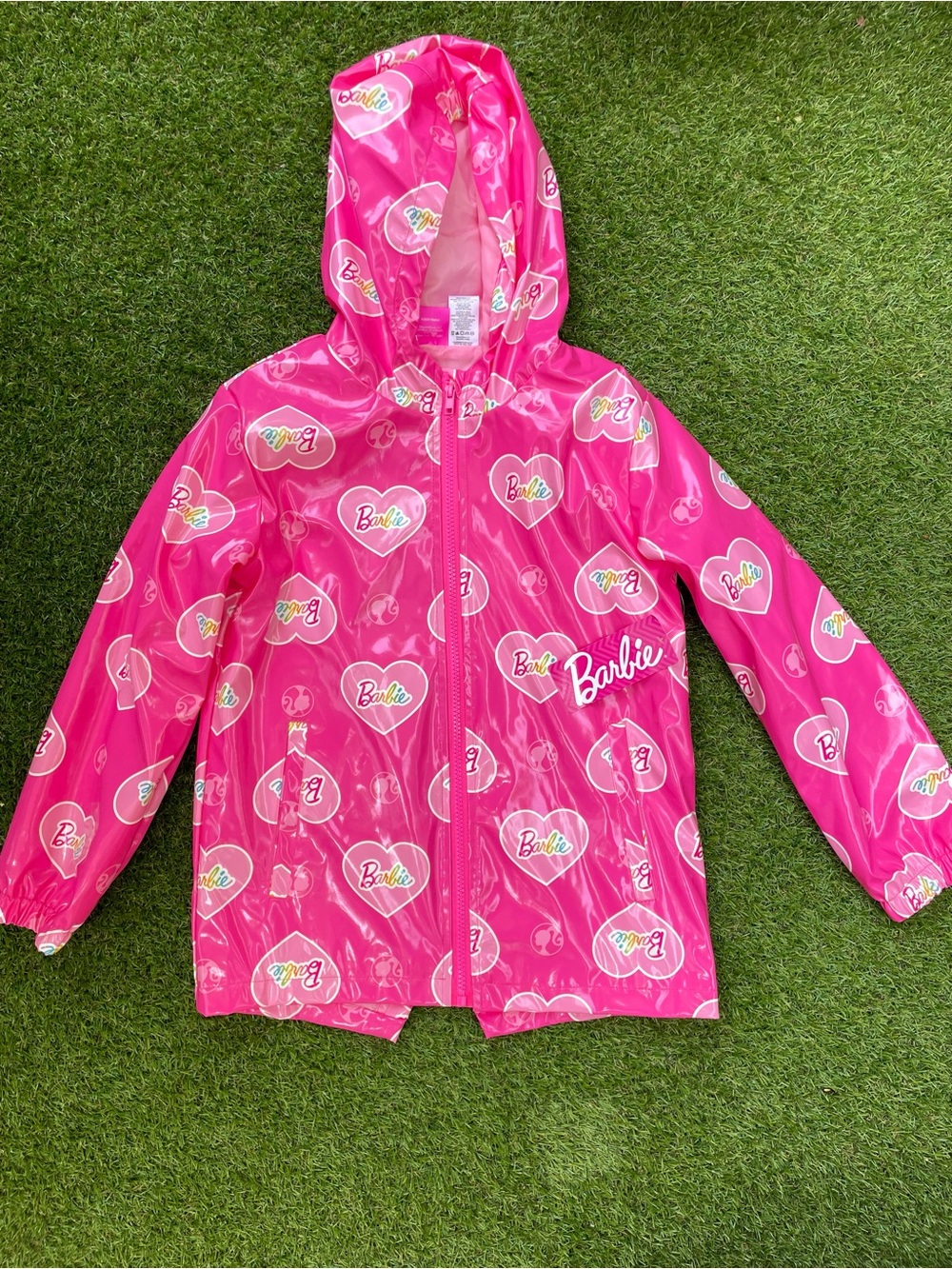 Barbie Bright Pink Hooded Raincoat with Heart Logo Print